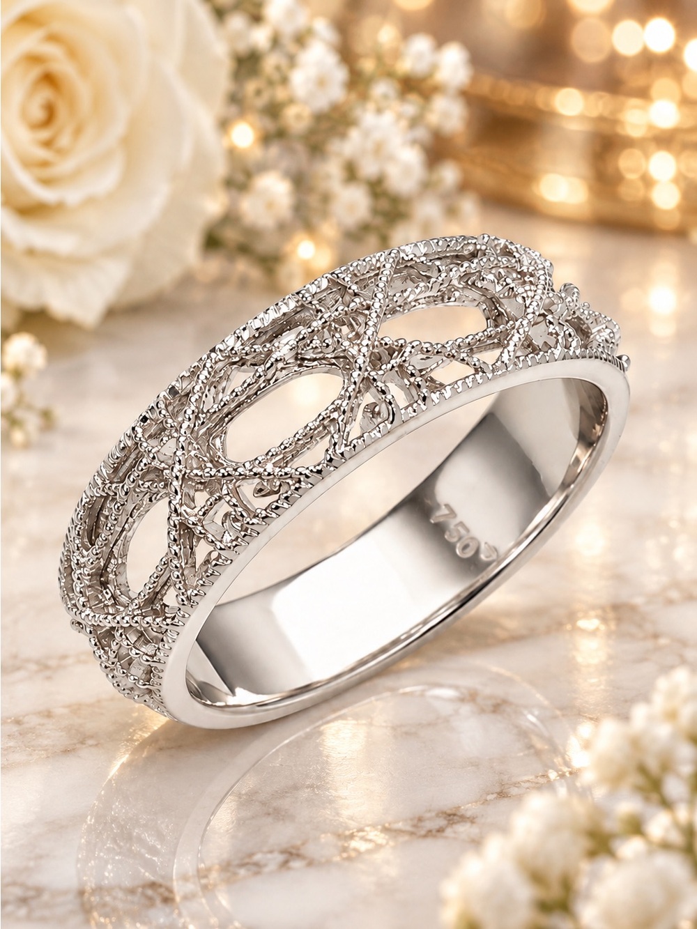 3.5 Grams 18k White Gold Openwork Lattice Band Ring Milgrain Filigree Size 9.5